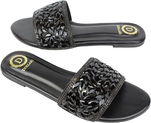 Dollar's Fashion Open Toe Slip On Flats Women Sandals, Crystal Embellished Elegant Synthetic Leather Ladies Fashion Footwear on Amazon.ae - Price Tracker