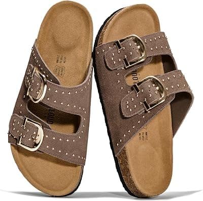 Project Cloud 100% Genuine Leather Sandals Women Footwear - Lightweight Womens Sandals with Memory Foam Insole & Natural Cork Footbed Beach Essentials Slides for Women (Venita Stud) على Amazon.ae - متتبع الأسعار