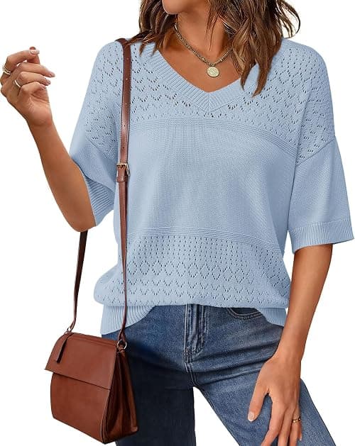 PRETTYGARDEN Women's Short Sleeve Sweater Tops 2026 Spring Summer Casual V Neck Ribbed Knit Trendy Eyelet Blouse T Shirts on Amazon - Best Deal Finder