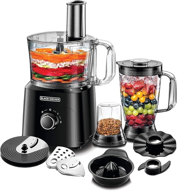 BLACK+DECKER 5-in-1 Food Processor, 750W Power, 2L Processing Bowl, 1.8L Blender Jar with Stainless Steel Blades, 34 Functions for Chopping, Slicing, Shredding, Compact Design, Black - FX775-B5 on Amazon.ae - Price Tracker