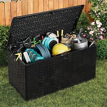 99 Gallon Outdoor Deck Box, Lockable Waterproof Outdoor Resin Box with Lid, Patio Storage Bin for Patio Furniture, Garden Tools, Pool Accessories - Brown - متتبع أسعار Amazon.sa