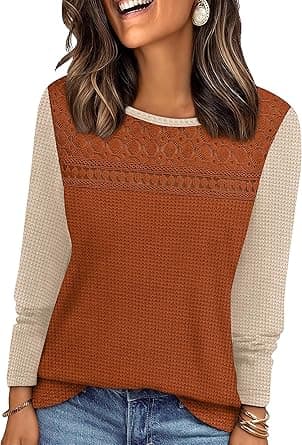 WIHOLL Womens Lace Long Sleeve Shirts Fall Tops Fashion Dressy Casual Lightweight Sweaters Mesh Clothes Trendy Waffle Knit on Amazon.ae - Price Tracker