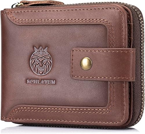 Genuine Leather Zipper Wallet for Men RFID Blocking Large Capacity Vintage Wallet with Coin Pocket ID Window, Coffee on Amazon.ae - Price Tracker
