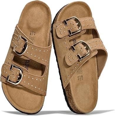 Project Cloud 100% Genuine Leather Sandals Women Footwear - Lightweight Womens Sandals with Memory Foam Insole & Natural Cork Footbed Beach Essentials Slides for Women (Venita Stud) on Amazon.ae - Price Tracker