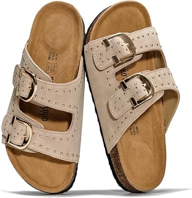 Project Cloud 100% Genuine Leather Sandals Women Footwear - Lightweight Womens Sandals with Memory Foam Insole & Natural Cork Footbed Beach Essentials Slides for Women (Venita Stud) on Amazon.ae - Price Tracker