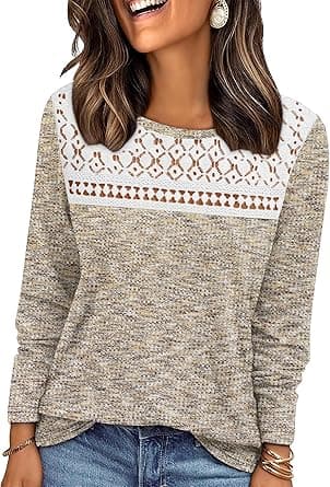 WIHOLL Womens Lace Long Sleeve Shirts Fall Tops Fashion Dressy Casual Lightweight Sweaters Mesh Clothes Trendy Waffle Knit on Amazon.ae - Price Tracker