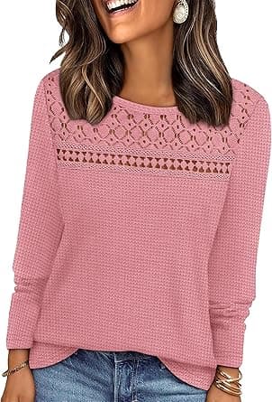 WIHOLL Womens Lace Long Sleeve Shirts Fall Tops Fashion Dressy Casual Lightweight Sweaters Mesh Clothes Trendy Waffle Knit on Amazon.ae - Price Tracker