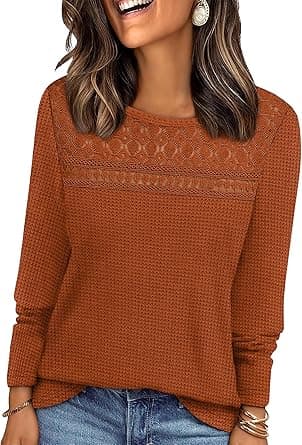 WIHOLL Womens Lace Long Sleeve Shirts Fall Tops Fashion Dressy Casual Lightweight Sweaters Mesh Clothes Trendy Waffle Knit on Amazon.ae - Price Tracker