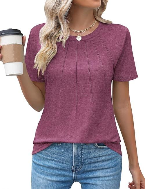 Kistore Womens Casual Crew Neck Short Sleeve Pleated Tops Blouses Fashion Clothes 2025 on Amazon.ae - Price Tracker